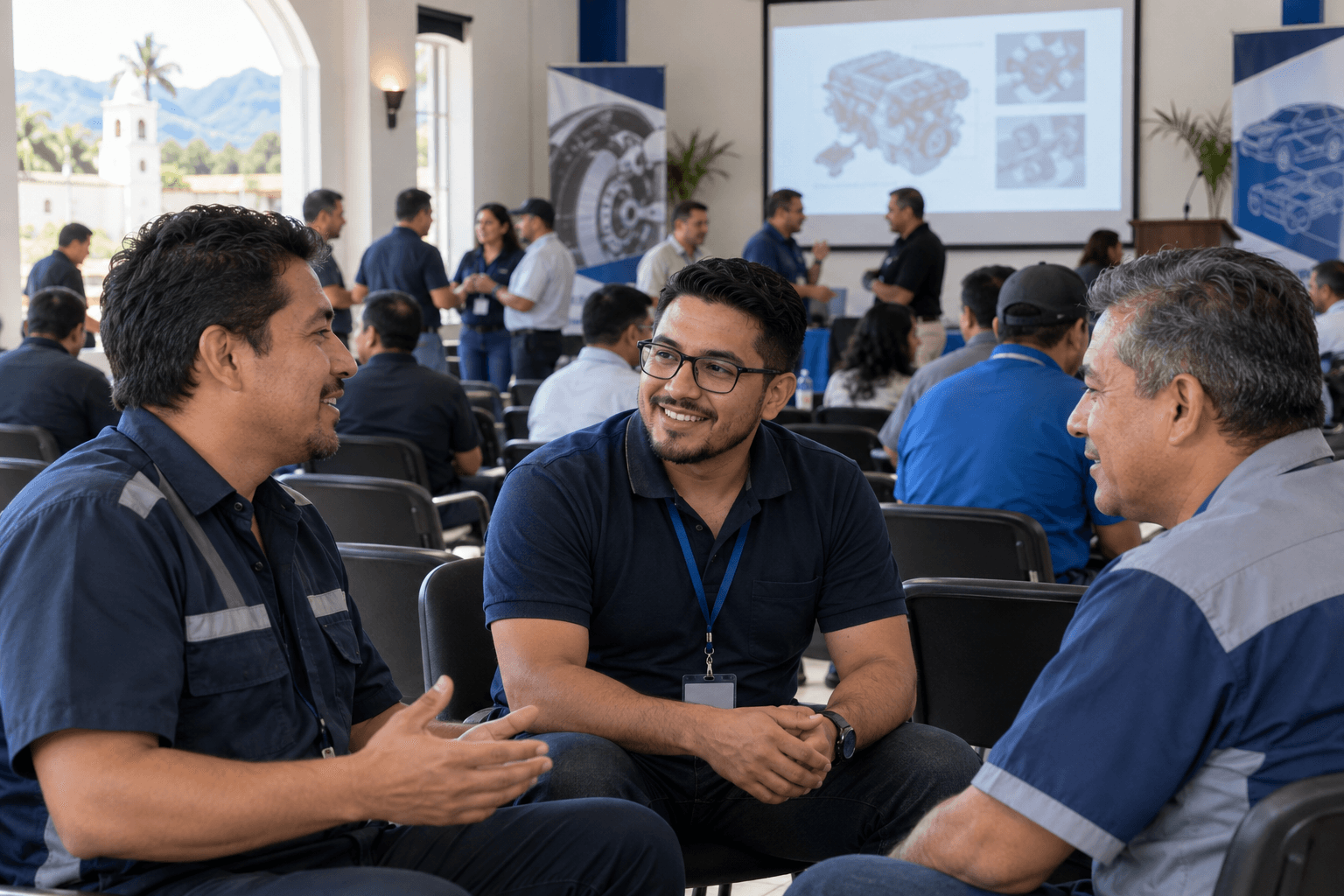 Miembros de una asociación automotriz conversando durante un encuentro profesional